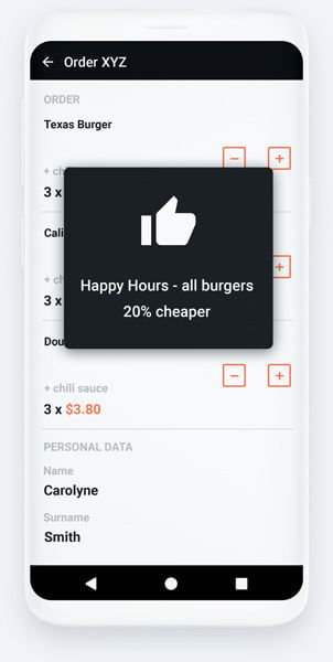 Push notifications in restaurant ordering application for Android.