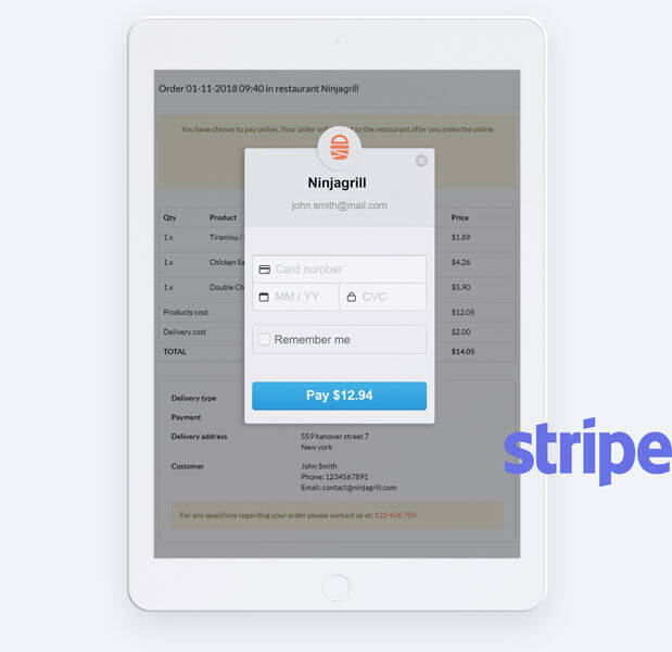 Stripe online payment on ipad restaurant ordering system