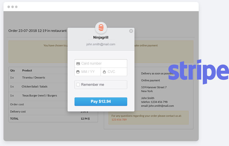 Stripe payment example on desktop display